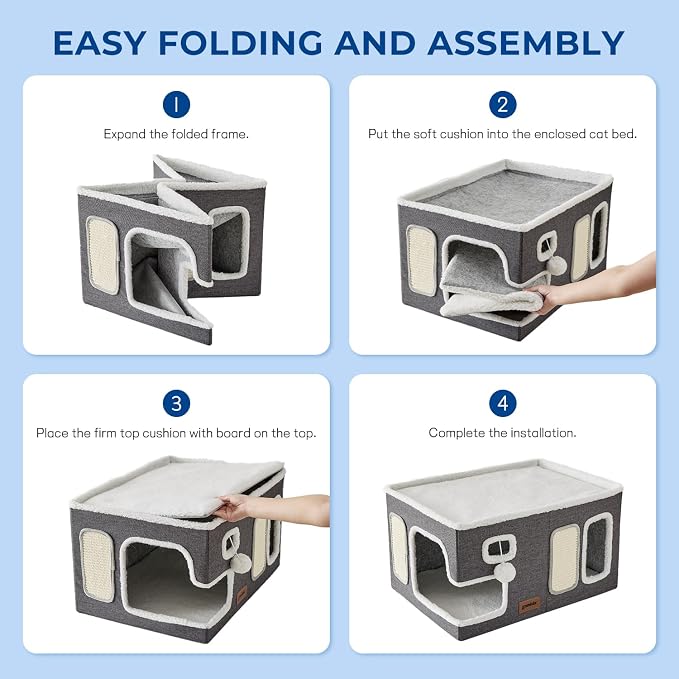 ZOMISIA Extra-Wide Cat House for Indoor Cats - Large Cat House for Pet with Fluffy Ball Hanging and Scratch Pad, Foldable Cat Hideaway for Multi Cats, 23x16.5x13 inches, Grey - Image 6