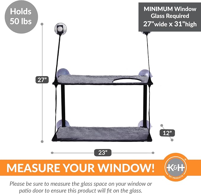 K&H Cat Window Perch, EZ Mount Double Stack Kitty Sill For Large Cats, Gray | Sturdy Cat Window Hammock Bed, Fits 27in Wx31in H Glass Spaces, Steel Frame & Suction Cups, 2 Washable Shelf Covers, Foldable - Image 5