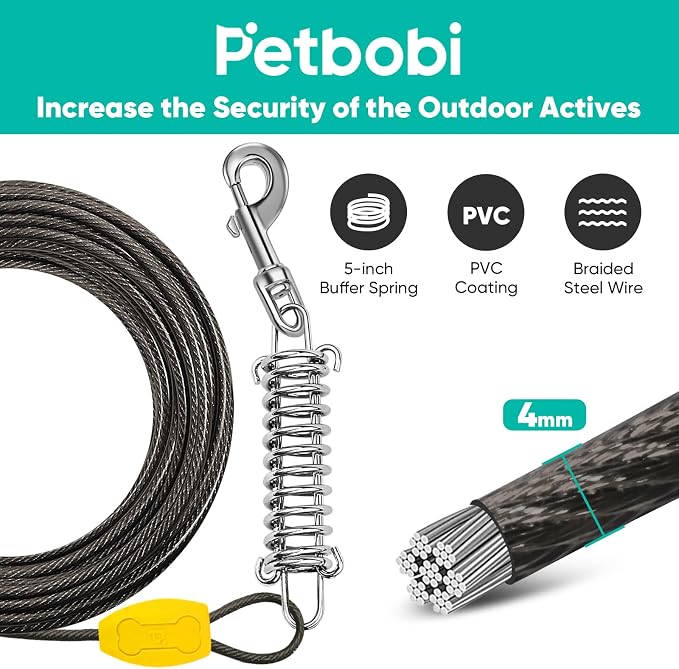 Petbobi Dog Tie Out Cable and Stake, 40ft Heavy Duty Dog Leads for Yard | 4in Shock Spring, 16in Spiral Ground Anchor, 360° No-Tangle Swivel, Chew-Proof Rustproof Wire, Up to 120 lbs, Outdoor Camping - Image 2
