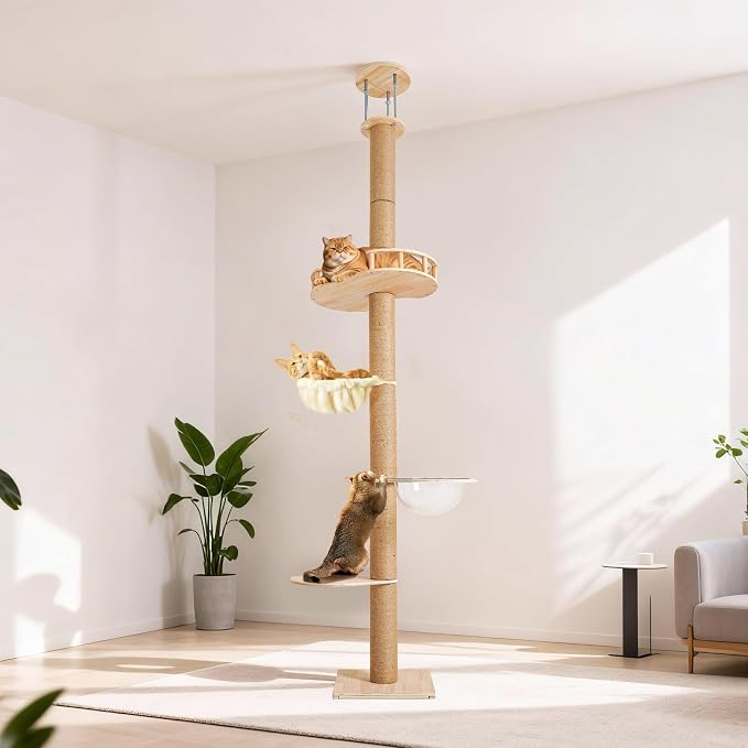 4 Level Floor to Ceiling Cat Tree,55-115in Adjustable Height Tall Cat Tower | Space-Saving Design, Heavy Duty Plywood Cat Pole with Jump Platform, Hammock & Capsule - Image 8
