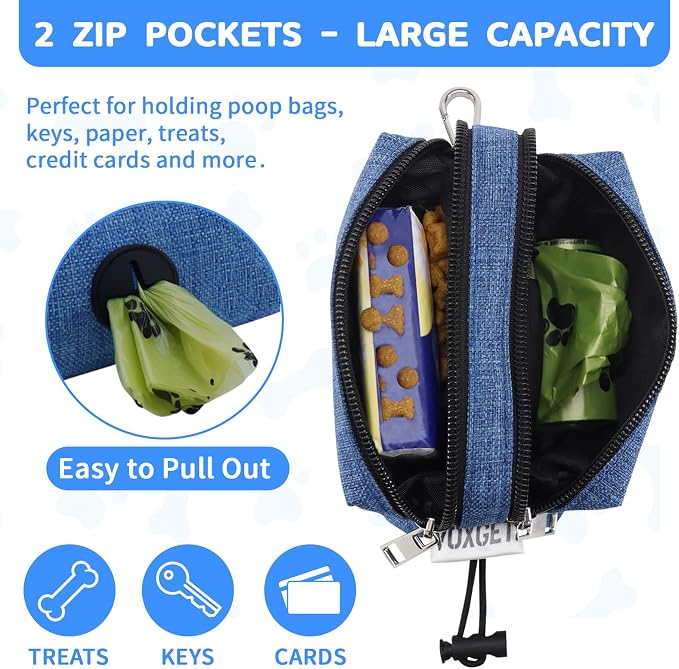 Dog Poop Bag Holder with Treat Pouch, 2 Zipper Pockets & Leash Clip | Waste Bag Dispenser with 1 Roll Poop Bags, Quick Access Treat Storage, Hands-Free Design for Dog Walking, Training & Travel - Image 4