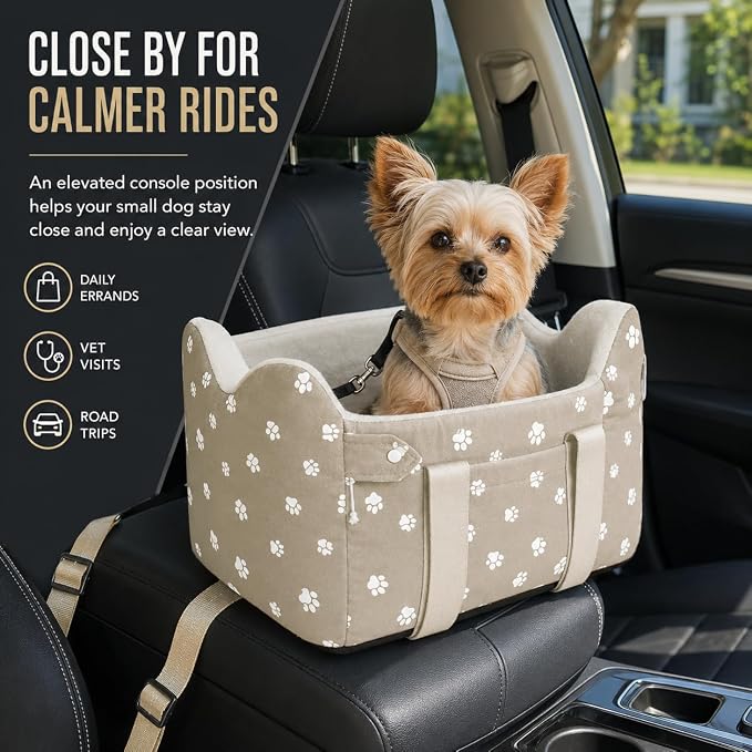 Dog Car Seat for Small Dogs (Under 15 lbs) – Center Console Pet Carrier with Safety Belt, Storage Pockets & Removable Washable Cover (Khaki Car Seat) - Image 3