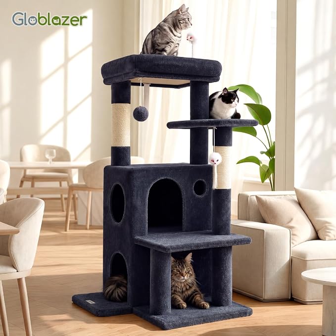 Globlazer Cat Tree Tower for Indoor Cats, 50-inch Adult Cat Tree House for Large Adult Cats with Steps, Scratching Post, 2 Cat Caves, Dangling Toys, FC50, Dark Grey - Image 7