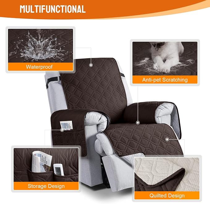 VANSOFY 100% Waterproof Recliner Chair Covers, Recliner Cover Non-Slip Dog Chair Cover Furniture Protector Washable Slipcover with Pocket, Elastic Straps for Pets, Dogs(Chocolate, 25") - Image 4