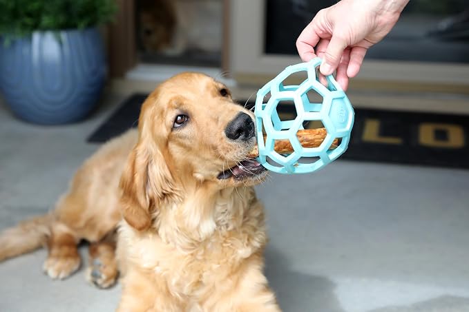 JW Pet HOL-ee Roller Dog Puzzle Ball, Large 5.5in, Natural Rubber, Blue | Puzzle Ball Design Dog Toy for Interactive Play and Chasing Fun - Image 3