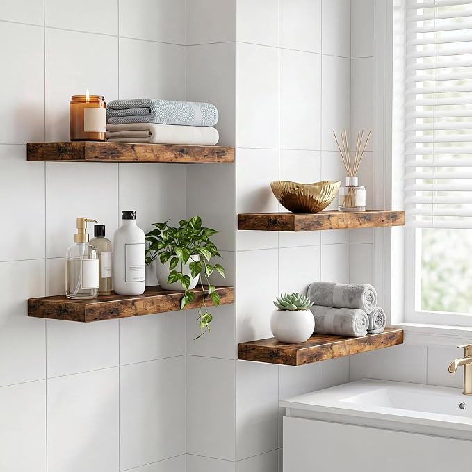 Fixwal Floating Shelves for Wall Decor (Rustic Brown, Set of 4, 15.7 Inch) | MDF Shelves with Metal Brackets, Space Saving for Books, Decor, Works in Bathroom, Kitchen, Living Room, Bedroom - Image 4