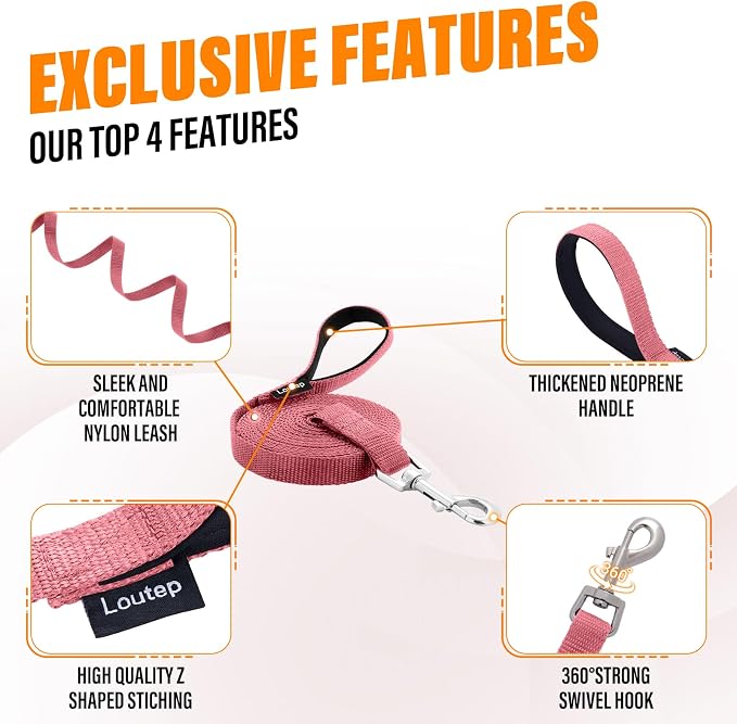 Long Line Dog Training Leash with Padded Handle, 15 ft, Pink | Durable nylon webbing with reinforced stitching and 360° swivel clip for recall and obedience - Image 5