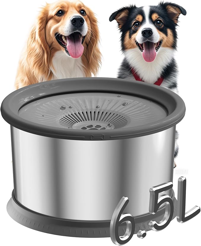 6.5L Dog Water Bowl No Spill 1.6 Gallon Stainless Steel Water Bowl for Dogs 220oz Large Capacity No Splash Slow Drinking Feeder with Anti-Slip Mat for Messy Drinkers 6.5L+2 Filters by Xetino