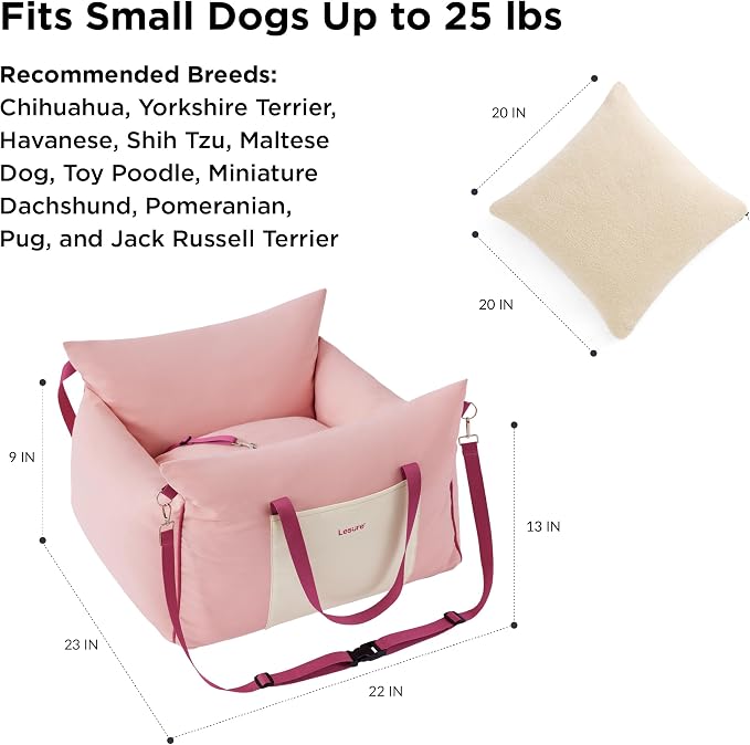 Lesure Dog Car Seat for Small Dogs,Booster Car Bed for Puppy Under 25lbs | Soft Pet Carseat with Clip-On Safety Leash and Thickened Memory Foam Filling,Dog Travel Carrier Bed with Storage Pocket,Pink - Image 5