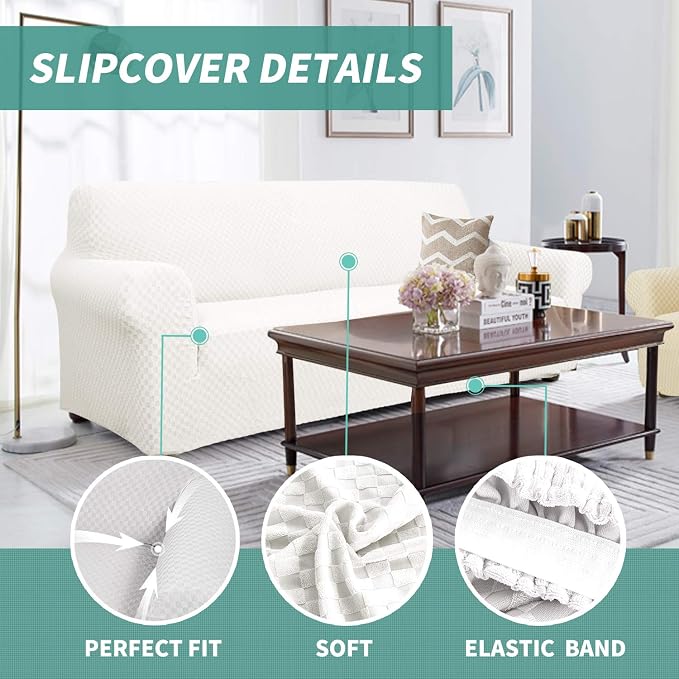 YEMYHOM Couch Cover Latest Jacquard Design High Stretch Sofa Covers for 2 Cushion Couch, Pet Dog Cat Proof Loveseat Slipcover Non Slip Magic Elastic Furniture Protector (Medium, White) - Image 3
