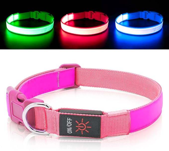 LED Dog Collar Light Up Dog Collars Red Light USB Rechargeable, Adjustable Size Heavy Duty TPU Nylon Webbing Glow Safety Basic Dog Collars for Large Medium Dogs (L, Candy Pink) by Bpawser