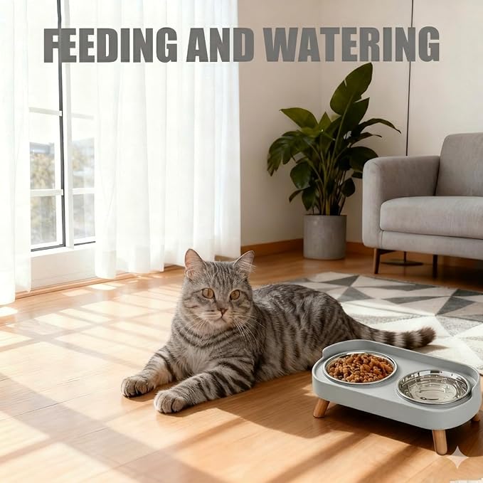 Elevated Cat Bowls, 2 Stainless Steel Raised Cat Food and Water Bowl Set, Splash Proof & Non-Slip, Whisker Fatigue Friendly, Dishwasher Safe for Cats and Small Dogs - Gray - Image 6