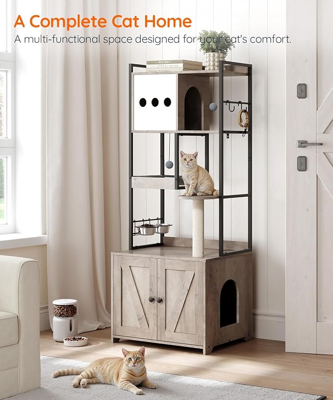 HOOBRO Cat Tree with Litter Box Enclosure, 58.7" H Cat Tower with Hidden Litter Box Furniture, with Scratching Post, Step, Hammock, Multifunctional Pet Furniture with Food Bowls, Greige BG30MZ03G1 - Image 2