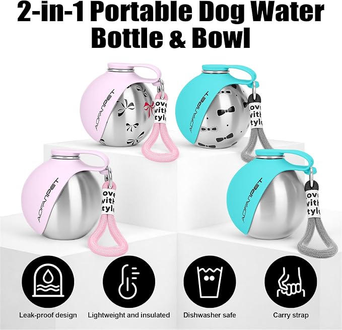 Portable Dog Water Bottle 10oz Stainless Steel Travel Dog Water Dispenser with Bowl No-Spill Puppy Water Bottle for Walking Hiking Small Dog Water Bottle (Blue Bow Print) - Image 7