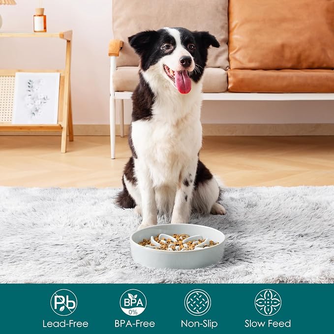 vancasso Ceramic Slow Feeder Dog Bowls, Puzzle Dog Food Bowls with Floral Maze, Anti -Slip Pet Food Dish for Large Breed, 3 Cups, Grayish Cyan - Image 3