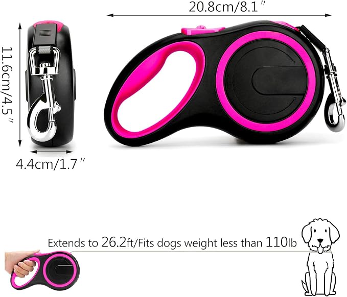Segarty 26ft Dog Leash Retractable, 8m Dog Leads Long for Medium Large Breed Pets 44-110Lbs, No Tangle Nylon Tape and 1 Button Break & Lock Heavy Duty Leash for Training Running, Pink - Image 4