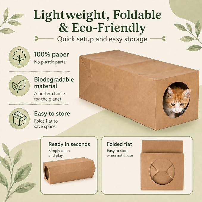JO! Collapsible Paper Cat Tunnel, Crinkle Hideaway Toy for Indoor Cats | 100% paper, 24.4 x 10.6 x 8.7 in, Brown, Roomy for adult cats, For hiding, pouncing and hide-and-seek play - Image 4