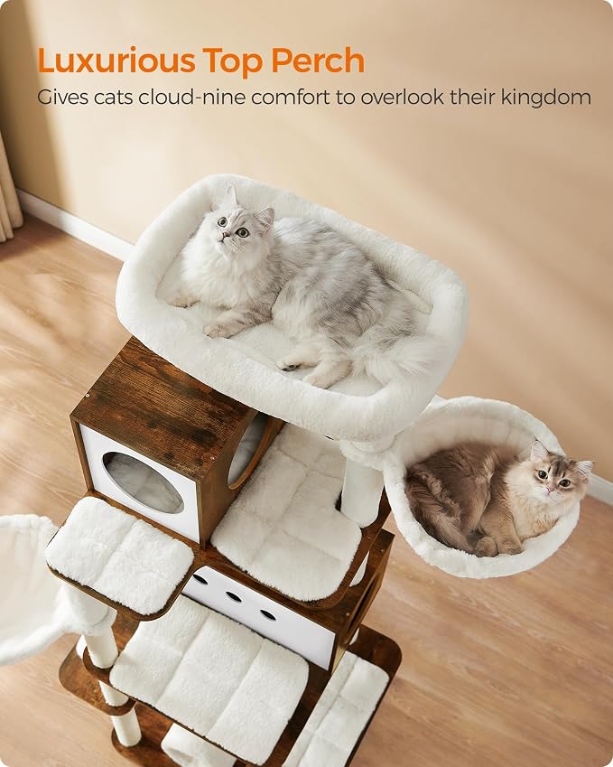 Feandrea Cat Tree, 75.6-Inch Modern Cat Tower, Tall Multi-Level Condo with 2 Caves, 2 Hammocks, 4 Scratching Posts, Self-Groomer, Tunnel, Perch, Rustic Brown UPCT193X01 | Tall Cat Tower, 4 Scratching Posts, Self-Groomer, Tunnel, Perch, Rustic Brown, CA... - Image 4
