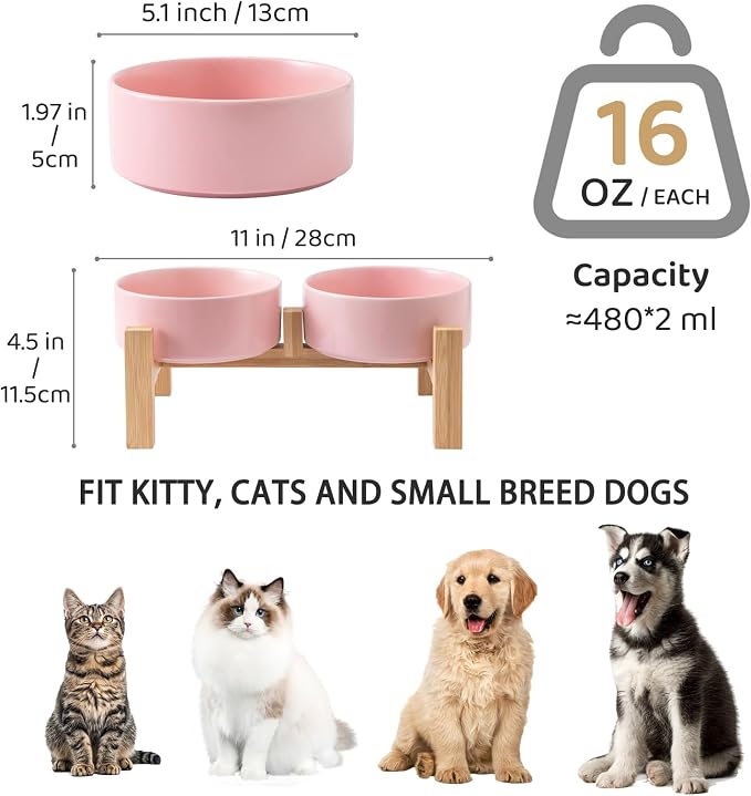 Elevated Ceramic Dog Bowl Set - Raised Dog Bowls with Non Slip Bamboo Stand, Food and Water Bowl Set for Kitty, Cats and Toy Breed Dogs, Pet Bowls, Weighted Dogs Dishes (5.1'', 2*16OZ, Pink) - Image 3