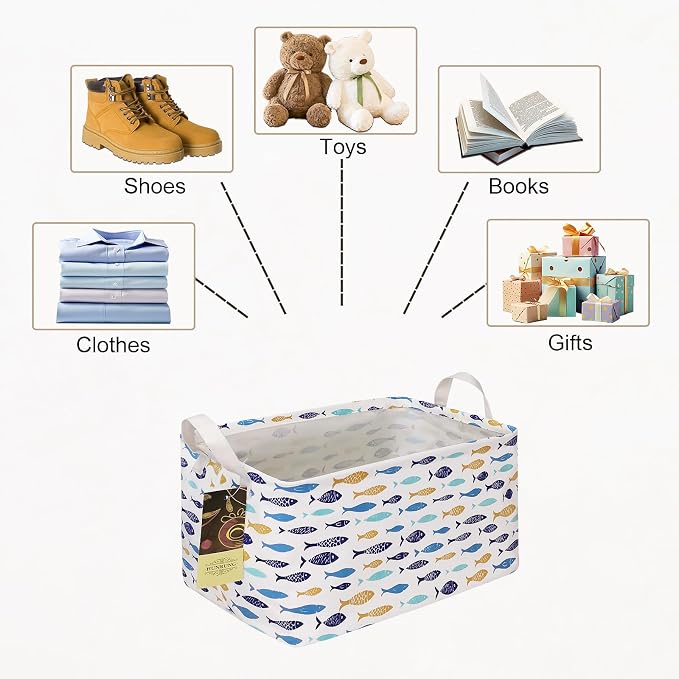 Rectangle Foldable Storage Basket Handles For Home, fish | Waterproof canvas material, reinforced handles, perfect for shelf use, organizes clothes, daily items and pet supplies - Image 6