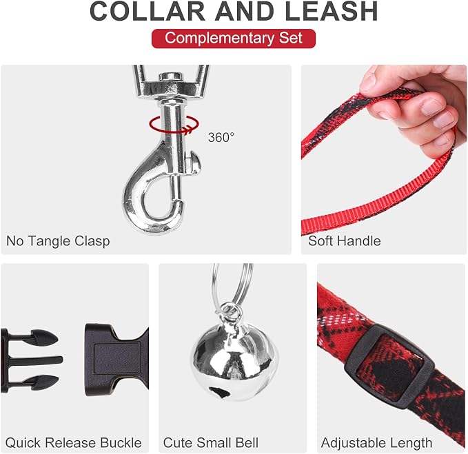 Classic Plaid Puppy Harness - Small Dog Harness and Leash Set - Dog Collar and Leash Set with AirTag Holder, Soft Padded Step in Dog Vest Harness No Pull Reflective for Outdoor, Red M - Image 3
