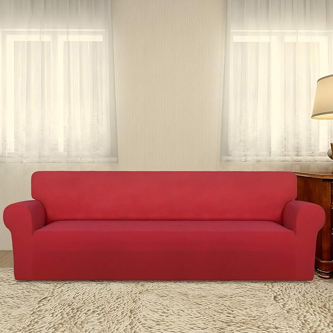 PureFit Stretch Couch Covers for Sofa 4 Seater Slipcovers Red | 1-Piece Sofa Cover Washable Soft Couch protector, Couch Slipcover with Non Skid Foam and Elastic Bottom for Kids, Dogs - Image 2