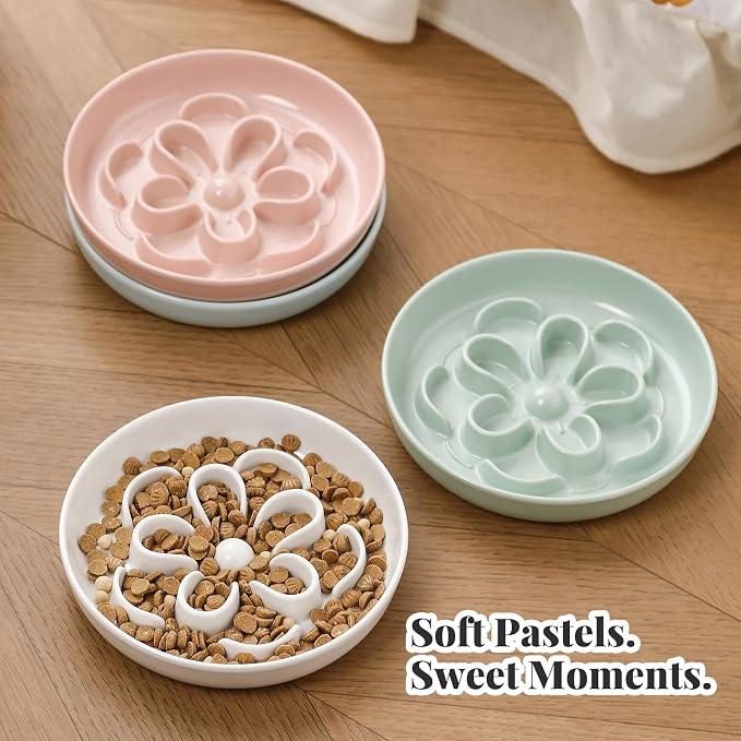 Melamine Cat Slow Feeder Bowl Set - Floral Maze Food Dishes for Cats and Small Dogs - Shallow Wide Plates for Dry & Wet Food - 3 Pack - Green & Blue & Pink - Image 6
