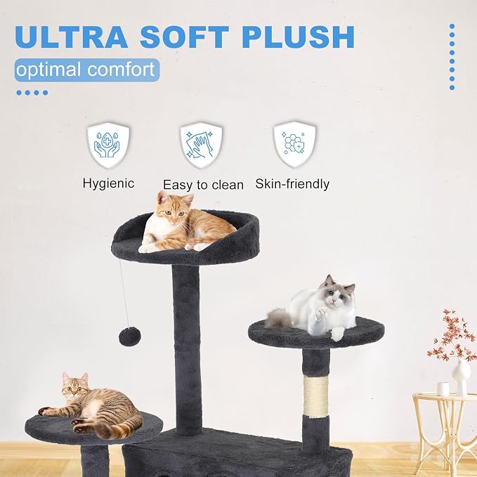 FDW | 62" Cat Tree Tower | Dark Gray | Multi-Level Indoor Activity Center with Sisal Scratching Posts, Condos, Plush Perches, Hanging Cat Toys | Sturdy, Easy to Assemble | for Kittens & Adult Cats - Image 3