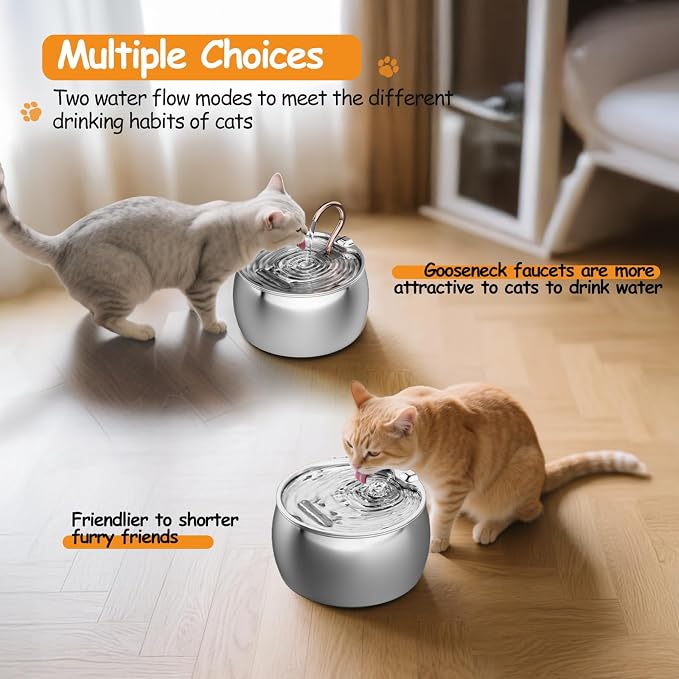 2.5L/84oz Gooseneck Cat Water Fountain Stainless Steel Ultra-Quiet | Kitty Spout Cat Fountain for Drinking, Pet Water Fountain for Cats Inside with 6 Replacement Filters & 6 Pre-Filter Sponges - Image 6