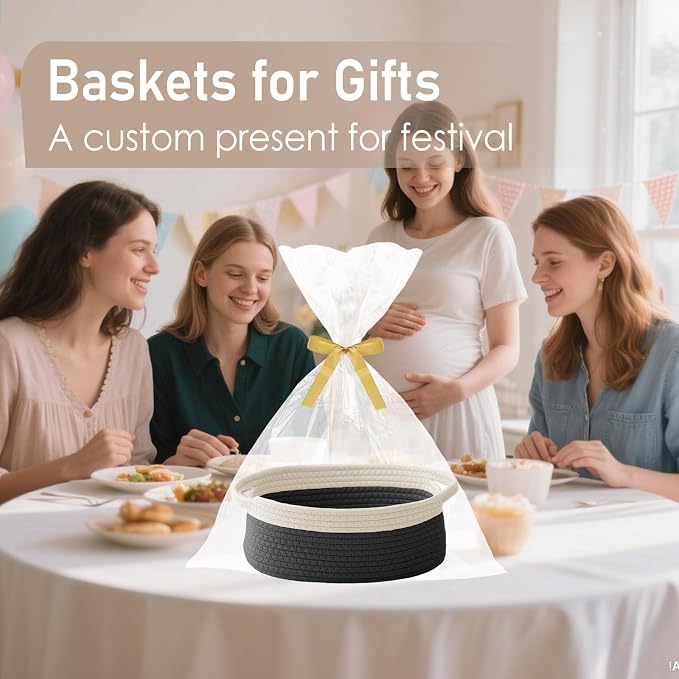 JMvicyroam Small Woven Basket, Empty Gift Basket, White&Black/3 Pack | Small Gift Basket, Cotton Rope, 12 x 8 x 62 in, Handles, Includes Ribbon and Bag, Birthday Gift Basket - Image 4