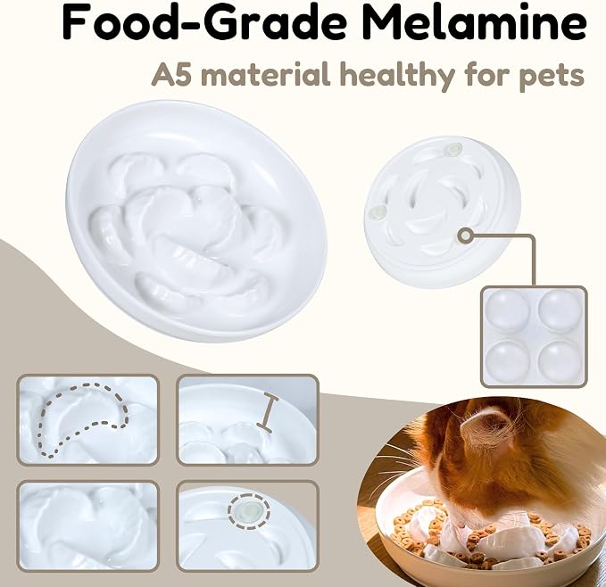 Melamine Cat Slow Feeder Bowl for Dry & Wet Food - Unbreakable Cat Food Plates for Slow Eating - Cute Puzzle Feeder - Whisker Friendly & Dishwasher Safe & Non SlipDesign - （White, 6.3" W*1.7H） - Image 5