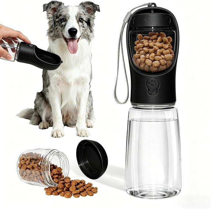 Portable Dog Water Bottle with Food Container, Drinking Bottle for Travel | 2 in 1 Dog Water Bowl, Leak Proof Pet Water Dispenser, BPA Free, Puppy Essentials, for Walking Hiking (Black,19oz) by Liphier