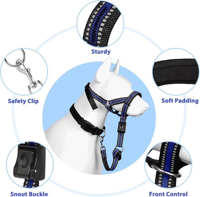 BARKLESS Soft Dog Head Collar, Patented Padded No Pull Head Halter, Training Nose Leash with Safety Link for Medium Large Dogs, Adjustable Muzzle Leash, Easy Control for Walking(Blue, L) - Image 2