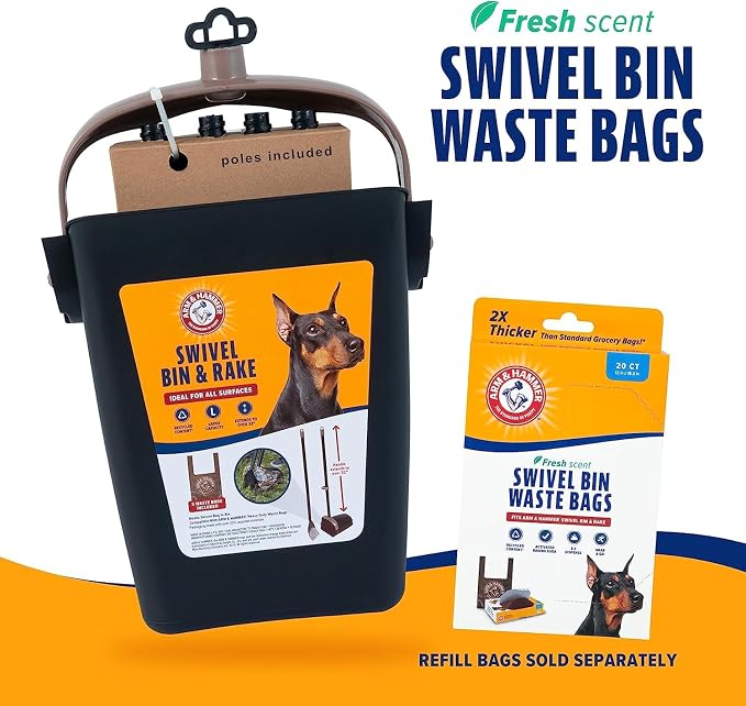 Arm & Hammer Swivel Bin & Rake Dog Pooper Scooper, Includes 2 Waste Bags | Includes 2 Heavy Duty Scented Waste Bags for Easy, No Touch Disposal - Image 8