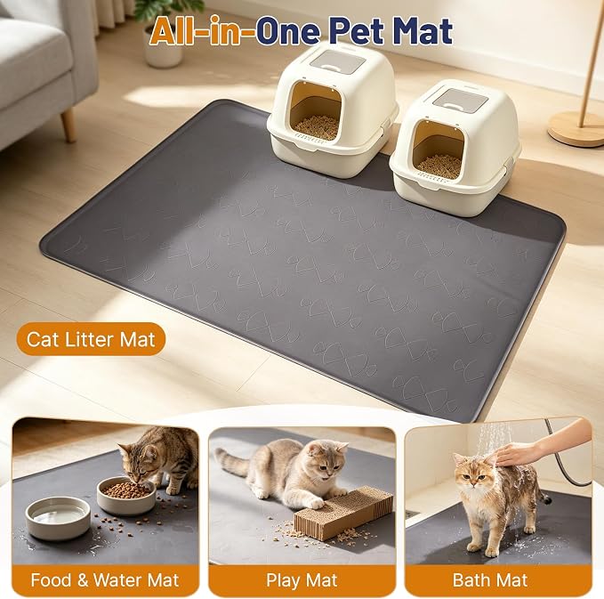 Cat Litter Mat, XL 54x34in Waterproof Silicone Litter Box Mat, Grey | XXL Cat Mat Fits 2-4 Litter Boxes, Litter Trapping Mat with Raised Edges, Non-Slip Bottom, Easy Clean Kitty Litter Mat - Image 4