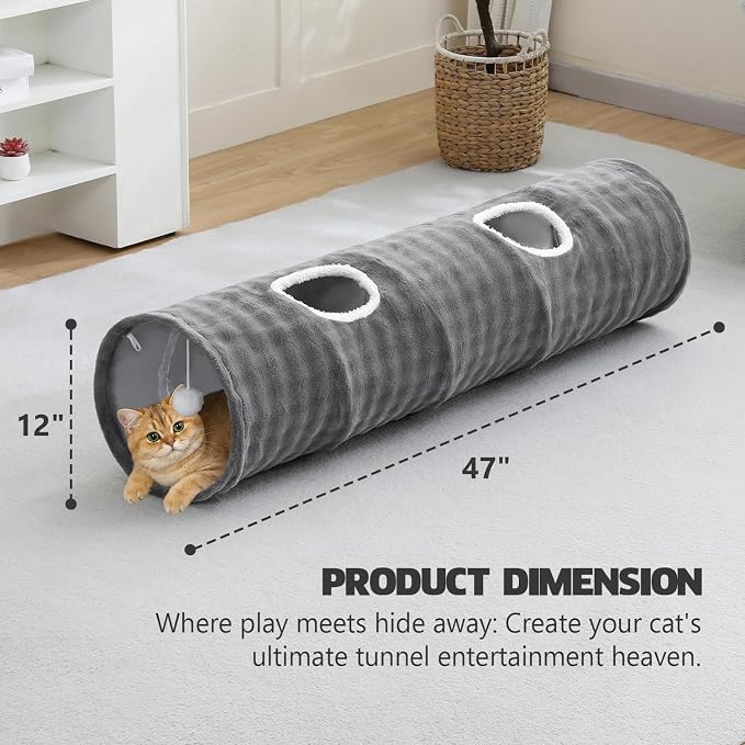 Straight Bubble Cat Tunnel for Indoor Cats 47"x12", Grey | Cute Cat Toys, Collapsible Tunnel Tube with Hanging Balls for Puppy Kitten Rabbit - Image 4