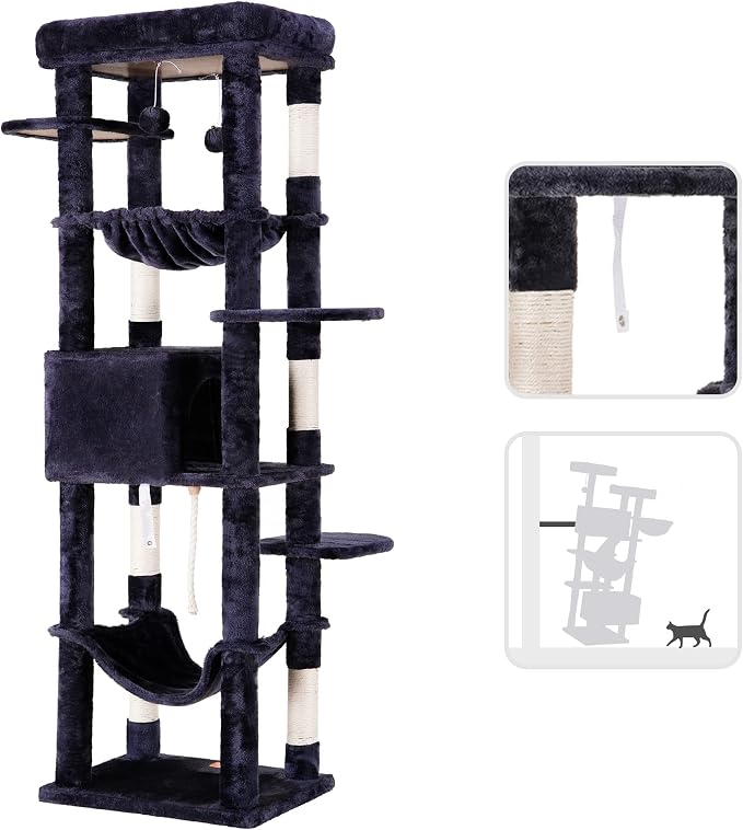 Heybly Cat Tree for Large Cats 20 lbs, 69 inches Cat Tower HCT031G | Heavy Duty Cat Condo for Indoor Cats, Multi-Level Furniture with Big Padded Plush Perch, Cozy Basket, Smoky Gray - Image 7