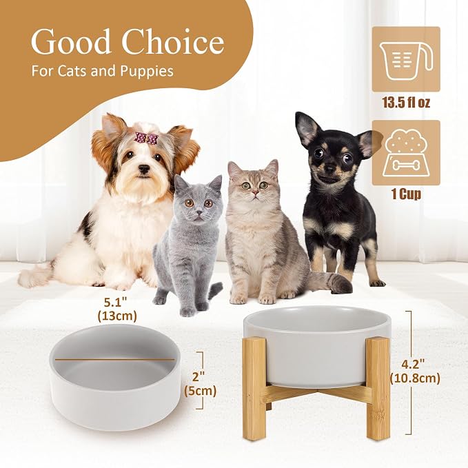 Elevated Ceramic Cat Bowl - Cat Food Bowl with Bamboo Stand - Raised Dog Dish for Puppies - Anti Vomiting, Stress Free - 13.5 oz / 400 ml - Grey - Image 2
