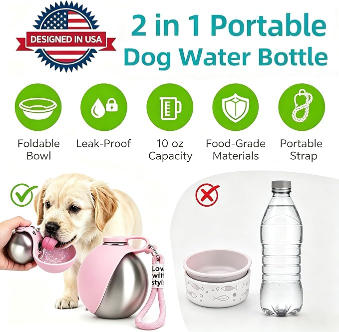 Dog Water Bottle Portable - 2 in 1 Stainless Steel Tumbler with Foldable Round Silicone Ball Bowl, 2-in-1 Leak-Proof Design for Dogs Pet Travel Walking Drinking（Pink） - Image 4