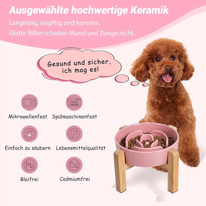 Elevated Slow Feeder Dog Bowl, 6.7" Ceramic Maze Dog Bowl with Stand | 1.5 Cups Slow Feeding Dog Dish for Fast Eaters, 5" Tall Anti-Slip Raised Slow Feeder for Small and Medium Breeds, Pink - Image 5
