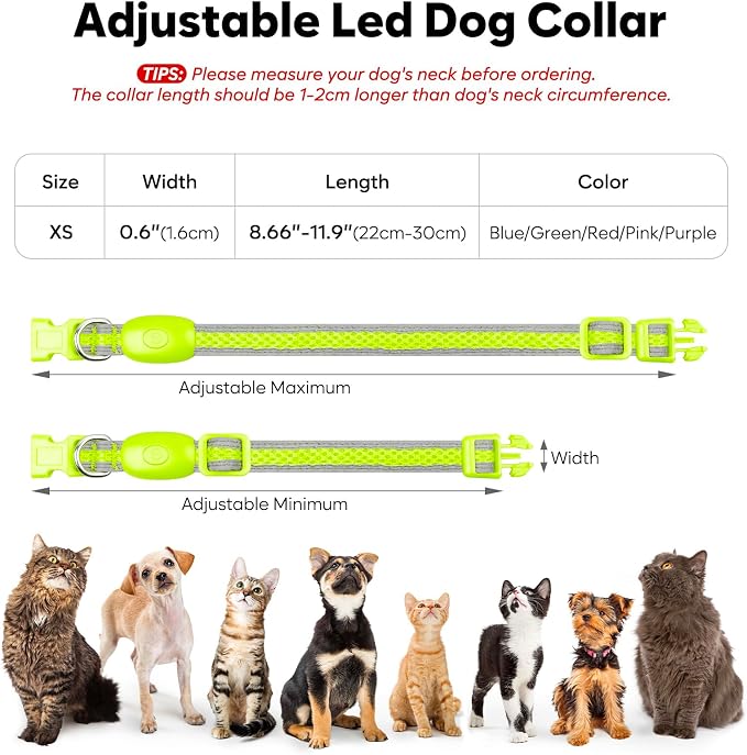 Flashseen LED Dog Collar, Light Up Dog Collar USB Rechargeable, Green, XS | Super Bright Lighted Dog Collar, Adjustable Breathable Mesh, Glow Collar for Dog Night Walking - Image 5