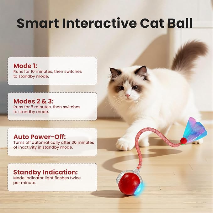 Rocfish Durable Interactive Cat Toys for Indoor Cats (red, 03) | Smart Automatic Cat Chase Ball Toy, Upgraded Speedy Tail Kitten Toy for Bored Indoor Adult Pets - Image 6