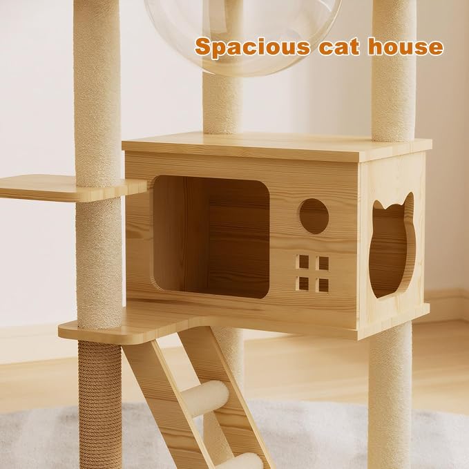 Modern Cat Tower, Wood Cat Tree Tower for Indoor Cats, Cat Tree with Sisal-Covered Scratching Posts and Soft Top Perch, 48.8'' Cat Condo with Acrylic Hammock for Small Large Cats - Image 4