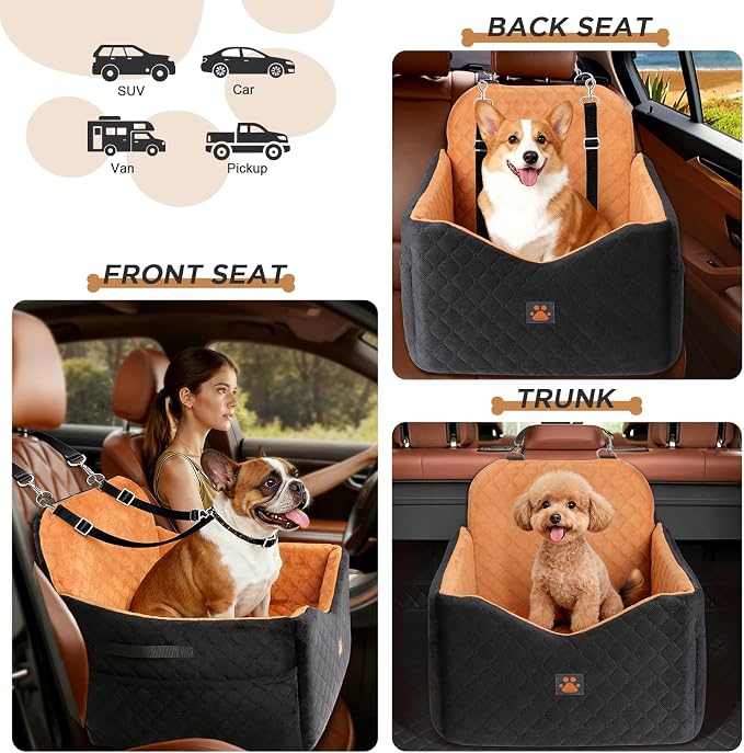 Dog Car Seat for Small/Medium Dogs Up to 35lbs, Puppy Car Seat with Thick Cushion, Detachable Washable Dog Carseat with Storage Pockets, 2 Safety Belts (Brown) - Image 3