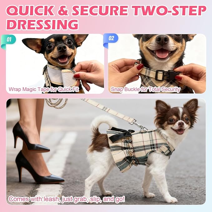 EXPAWLORER Dog Harness Small Medium Sized Dogs, No Choke No Pull Mesh Vest | Plaid Dog Dress Bowknot Harness and Leash Set Soft Cute Princess Puppy Outfits Clothes Costume for Girls Party Cats Pink XS - Image 7