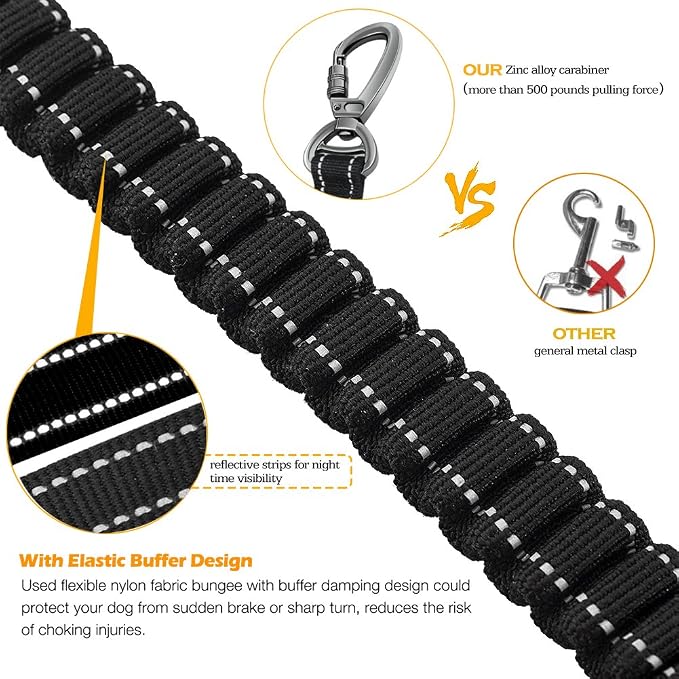 Heavy Duty Bungee Dog Leash with Locking Carabiner for Large Dogs | No Pull Bungee Shock Absorbing, 2 Padded Handles for control, Fits 60-150 lbs Dogs, Seatbelt Buckle, Reflective - Image 7