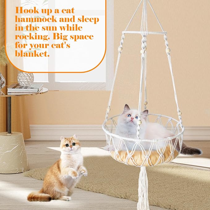 Macrame Cat Hammock Bed,Handwoven Hanging Boho Cat Bed with Hanging Kit for Indoor Outdoor Home Decor Ceiling Catio Swing for Playing Sleeping Climbing and Lounging(15.74x15.74x47.24IN)(L) - Image 6