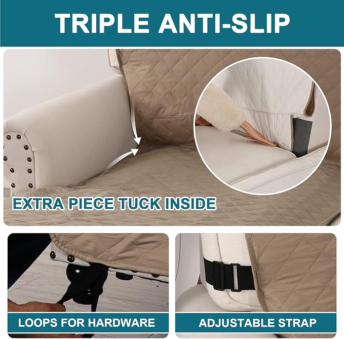 Turquoize 100% Waterproof Sofa Covers Chaise Lounge L Shape Sofa Protector Slip Cover Triple Non-Slip Sofa Slipcover for Sectional Couch Cover for Pets, Kids (Chaise, Khaki) - Image 4