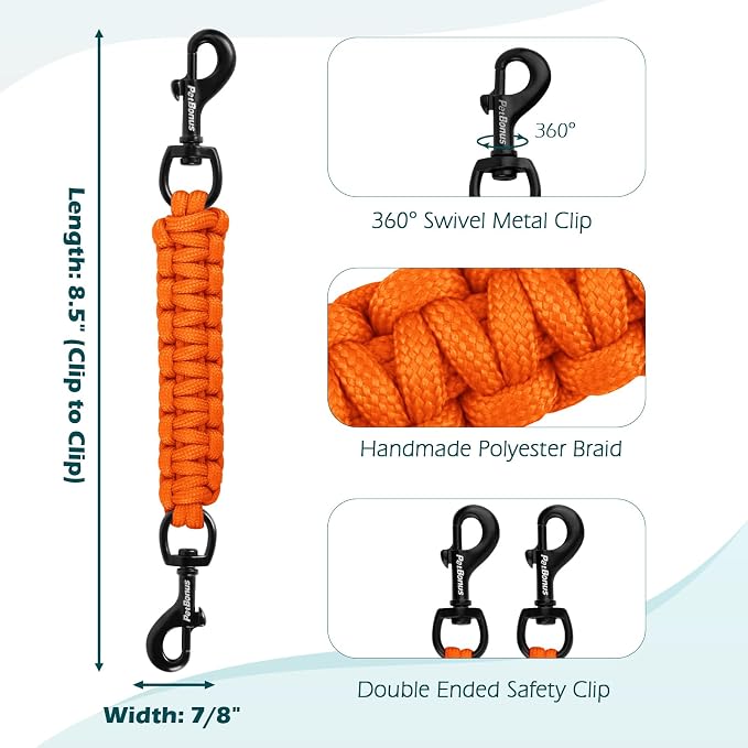 PetBonus Dog Collar Safety Clip, Handmade Prong Collar to Harness Connector | Dog Leash Backup Safety Strap, Escape Proof, Double Ended Clasp, Lead Connector for Pinch Collar, Harness (Orange) - Image 2