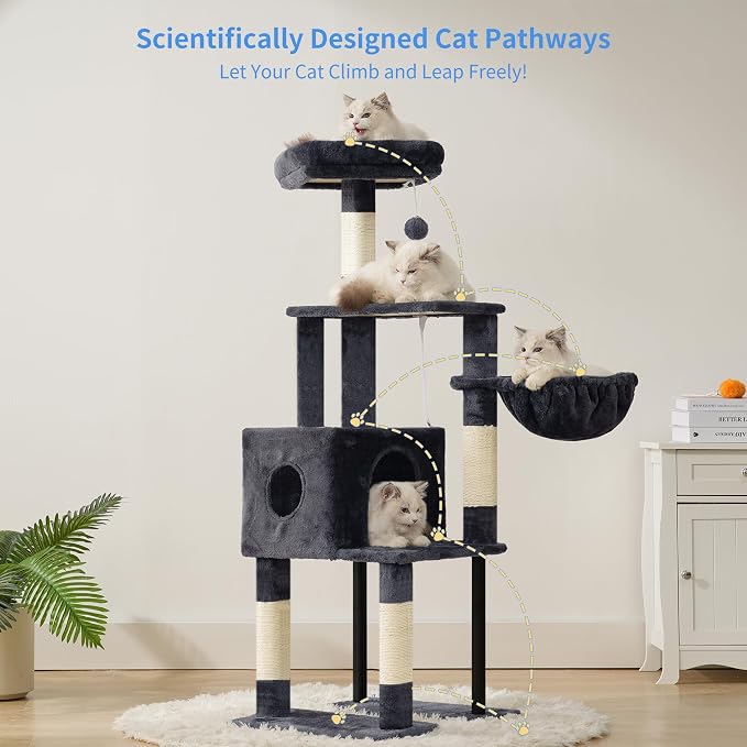 Heybly Cat Tree with Toy, 49.2 inch Cat Tower for Indoor Cats HCT200SG | Spacious Cat House Condo with Hidden Space，Soft Plush Top Perch，Cozy Hammock and Sisal Scratching Posts, Smoky Gray - Image 2